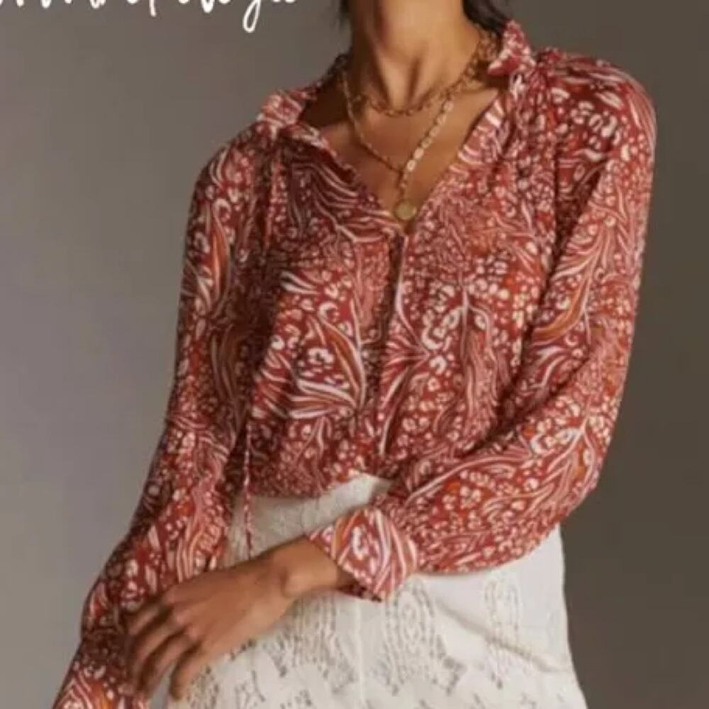Anthropologie XS Sheer Printed Peasant Blouse $98 Orange Motif